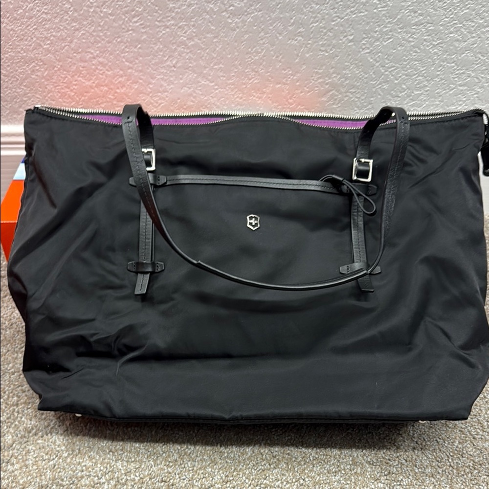 Black Tote Bag with Purple Interior
